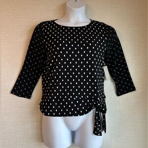 CHICOS Tie Waist Blouse Black Polka Dot 3/4 Sleeve Round Neck Size 1/M - NEW